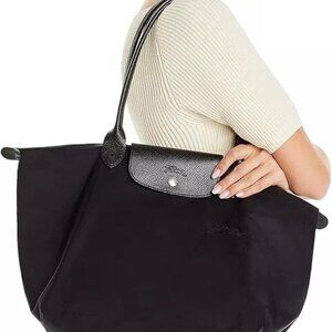 Longchamp Le Pliage Neo Bag Black Nylon Large Tote with Black Leather Trim